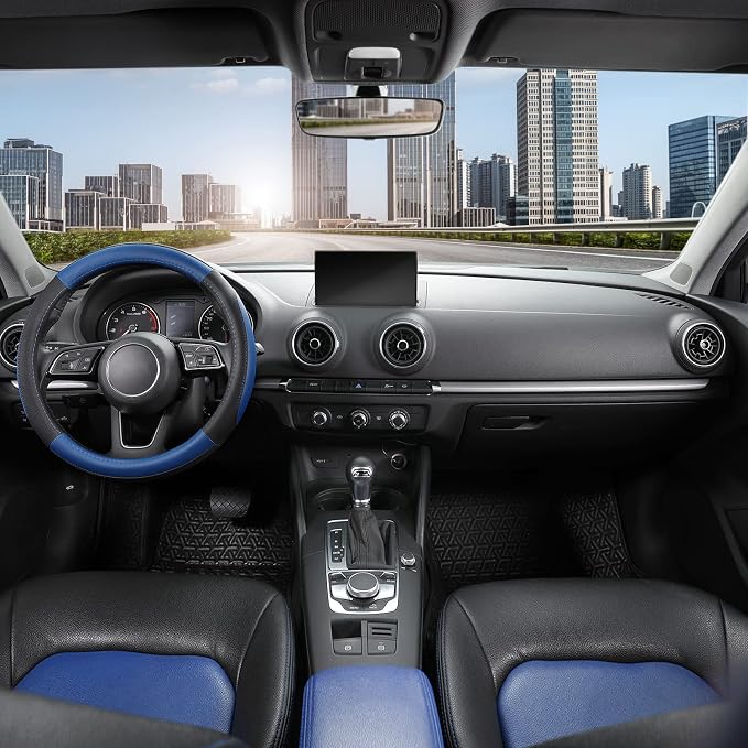 SEG Direct Car Steering Wheel Cover for Prius Civic Model 3 / Y 14"-14.25" | Small Size 35.5-36 cm for Camaro, Microfiber Leather, Anti-Slip Comfortable Grip, Auto Interior Accessories, Black and Blue - Image 2