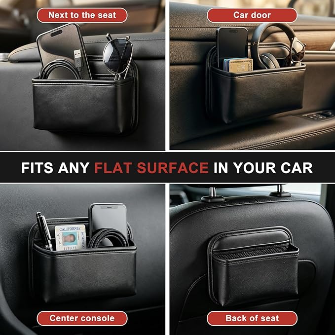 Car Seat Side Organizer, Small PU Leather Adhesive Storage Pocket, Car & Truck Interior Accessories, Auto Door Console Gap Filler, Sunglass Holder & Phone Pouch for Keys, Wallet, Cards, Pen, Black - Image 2
