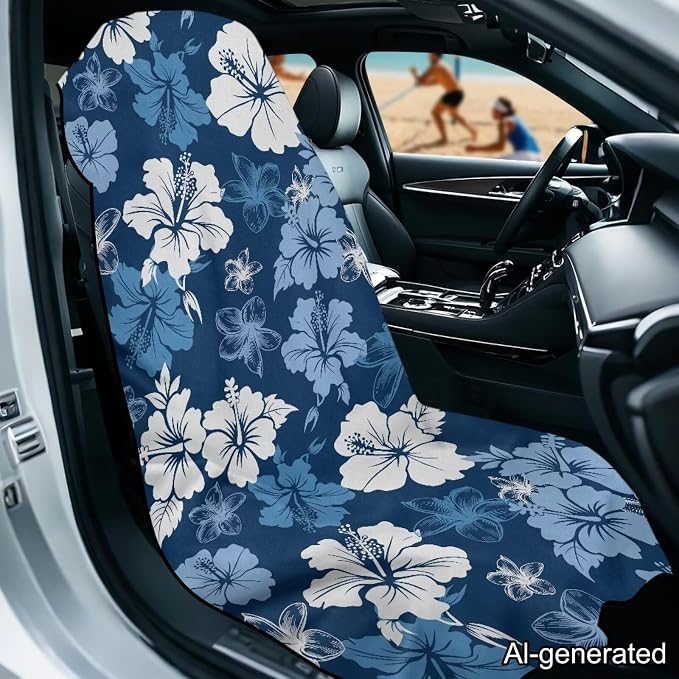Horeset Blue Hibiscus Flower Car Seat Towel Cover – Breathable & Quick-Dry, Stain Resistant Front Seat Protector, Easy Install for SUV Truck Sedan Van - Image 2