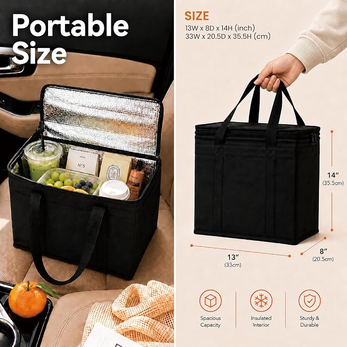 NZ home Insulated Food Bag, Portable Cooler Tote (Medium, Black, 1 Pack) | Thermal bag, For cold and hot food, Soft sided cooler, Heavy duty 3-layered tote, Grocery shopping, Beach or travel bag - Image 5