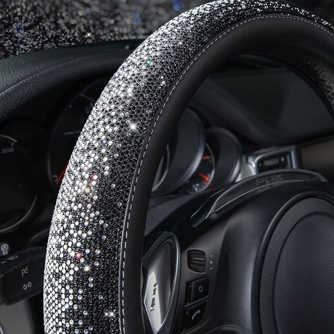 CAR PASS Bling Diamond Leather Steering Wheel Cover, Bling Sparkly Crystal Glitter Rhinestones Universal Fit 14" 1/2-15" Car Wheel Protector for Women Girl Fit Suvs,Vans,Sedans,Trucks, Black Silver - Image 3