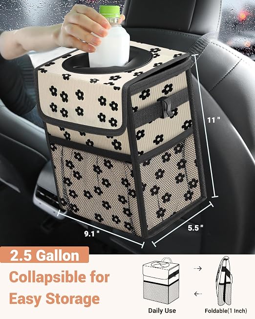 Capolo Car Trash Can with Lid, Leakproof Car Garbage Can Car Trash Bag | Waterproof, Trash Can for Car, 3 Mesh Pockets, Mini Hanging Vehicle Car Trash Bin, for Back/Front Seat (Black Flower,2.5 Gal) - Image 2