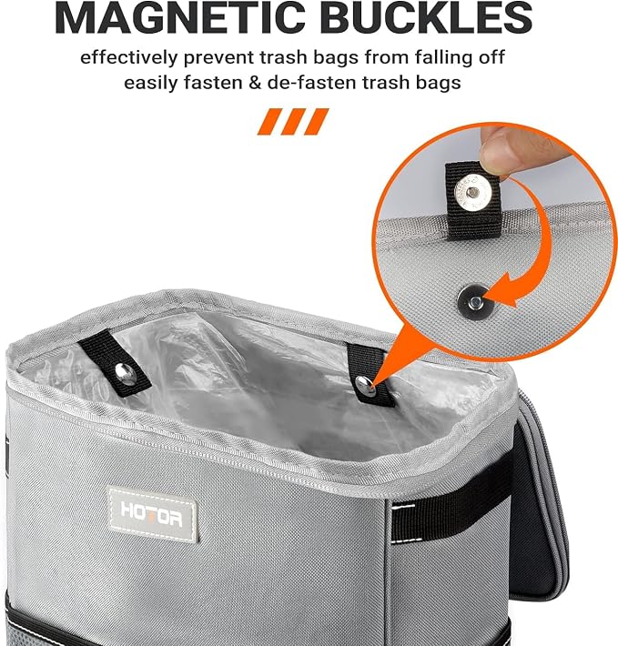 HOTOR Car Trash Can, Compact Waterproof Organizer, Leak-Proof Bin, 3-Gallon | Gray, Multifunctional Car Accessory with Adjustable Straps & Magnetic Snaps for Interior Car Storage - Image 3