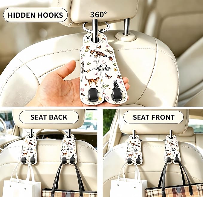 Car Seat Back Headrest Hooks - 2 Pack, Watercolor Cat Pattern Purse Hook for Car, Metal Leather Multifunctional Auto Hanger Organizer for Bags Water Bottles Phones - Image 4