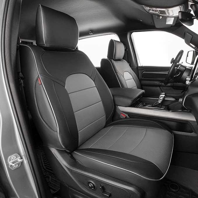 EKR Ram 1500 Seat Covers Custom Fit for (Quad Cab) RAM 1500 ST/SLT/Tradesman/Express/Big Horn/Outdoorsman 2011-2018,Waterproof Black Car Seat Cover for Trucks Full Set-Faux Leather (Black/Gray) by EKR