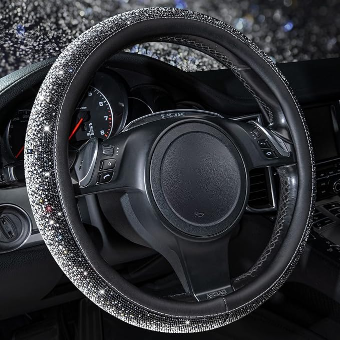 CAR PASS Bling Diamond Leather Steering Wheel Cover, Bling Sparkly Crystal Glitter Rhinestones Universal Fit 14" 1/2-15" Car Wheel Protector for Women Girl Fit Suvs,Vans,Sedans,Trucks, Black Silver by CARPASS