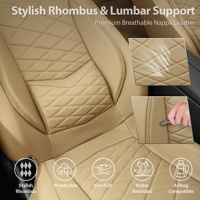 CAR PASS Luxury Nappa Leather Seat Covers Full Set, Water Resistant Faux Leather Seat Cover with Lumbar Support, Breathable Automotive Seat Covers Universal Fit for Sedan SUV Van Truck, Pure Beige - Image 5