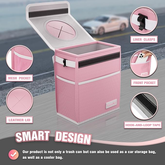 K KNODEL Car Trash Can with Lid, Car Garbage, Bin and Bag (Pink, Large) | Waterproof Car Garbage Can with Liner, Hanging Trash Bag for Car, Suv, Van, Truck - Image 3