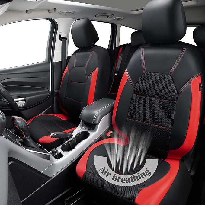CAR PASS Leather Car Seat Covers Front Seats Only, with Air Mesh Front Seat Covers Breathable, Cool Automotive Seat Covers 2 Pack, Universal Fit Most Cars,SUV,Truck,Van Airbag Compatible(Black & Red) - Image 5
