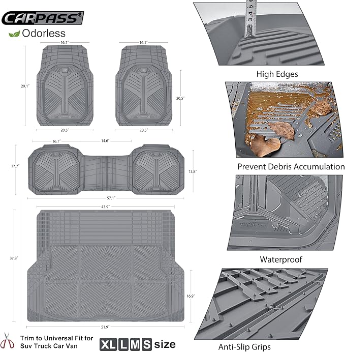CAR PASS Heavy Duty Rubber Car Mats with Cargo Liner, Deep-Dish Car Floor Mats and Trunk Mat All Weather, Universal Trim-to-Fit for SUVs Trucks Sedans, Waterproof Anti-Slip, Trimmable V12 Gray - Image 5
