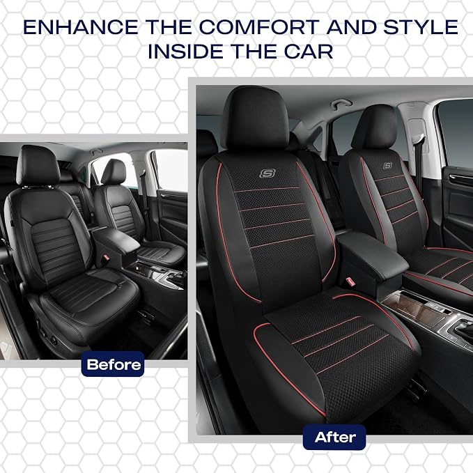 Skechers Air-Cooled Memory Foam Seat Covers,Thick Car Seat Covers,Leather Piping Car Seat Covers Front Seats,Airbag Compatible,Automotive Comfort Universal Fit Most Cars,Vans,Trucks,SUV,Red - Image 6