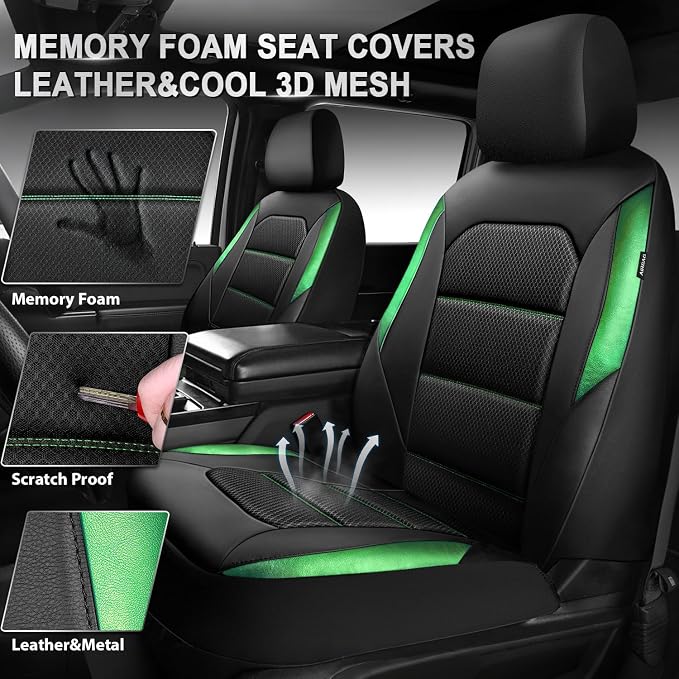 Car Pass Memory Foam Leather Seat Covers,Air Cool Mesh Thick Car Seat Covers Front Seat Green Leather Seat Covers for Cars Universal for SUVs Trucks,Airbag Compatible Comfort Durable,Black Green Metal - Image 3