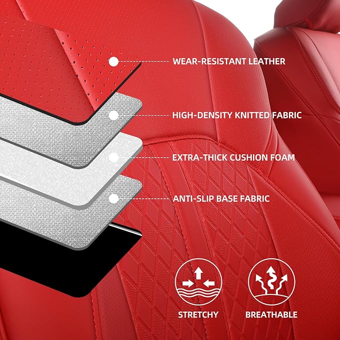 Custom Fit Camry Seat Covers for 2025 2026 Toyota Camry XLE XSE - Red | Waterproof Faux Leather Full Coverage, Car Seat Protectors Full Set with Armrest Covers, Airbag Compatible - Image 6