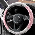 YHONGJT Cute Soft Microfiber Leather Anti-Slip Steering Wheel Cover, Universal 15 Inch for Women Girls, Fit Vehicles, Sedans, SUVs, Vans, Trucks - Light Pink and White - Image 3