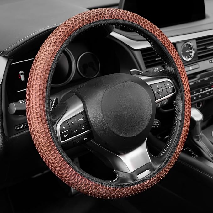 Alpmosn Elastic Stretch Steering Wheel Cover, Breathable Microfiber Ice Silk, Anti-Slip, Easy Carry, Universal Interior Accessories Steering Wheel Cover for Women & Men (Brown-Black) by alpmosn