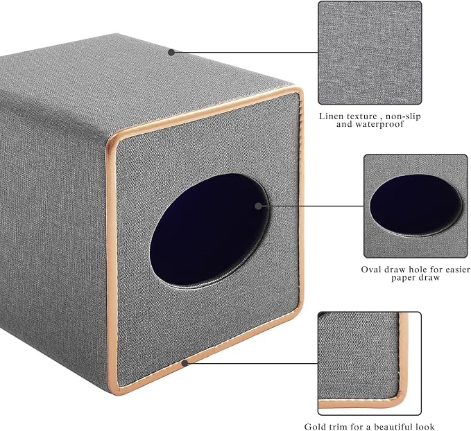 Linen Square Tissue Box Holder Cube Tissue Box Cover－Rosegold Leather Recorate,Napkin Holder Case Dispenser, Tissue Holders with Magnetic Bottom for Home Office Car Hotel Restaurant,Grey - Image 6