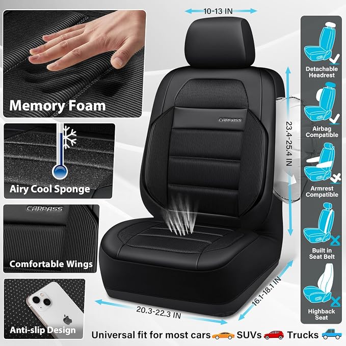 CAR PASS Memory Foam Seat Covers Front, Airy Cool Mesh Thick Car Seat Covers, Leather Car Seat Covers Front Seats Airbag Compatible, Universal Automotive Comfort for Most Cars, Trucks, SUV, Black - Image 4
