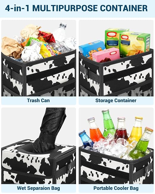 Capolo Car Trash Can with Lid, Leakproof Car Garbage Can Car Trash Bag | Waterproof, Trash Can for Car, 3 Mesh Pockets, Mini Hanging Vehicle Car Trash Bin, for Back/Front Seat (Cow Print,3 Gal) - Image 5