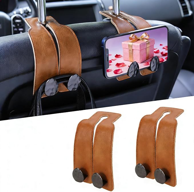 Leather Car Purse Hook for Headrest, 2 Pack (Brown-Black) | Twin Hooks Headrest Hangers, 2/4 Pack, No-Slip, Scratch-Proof, Holds Purses, Backpacks, Grocery Bags, Car Organizer Gift by Fashion
