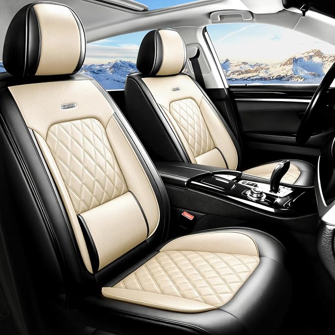 for Subaru Forester 2009-2026 Car Seat Covers, Full Set, Beige | Luxury Full Coverage Leather Seat Protectors, Waterproof Breathable, Non-Slip, Easy to Install, Airbag Compatible, All-Season by Unknown
