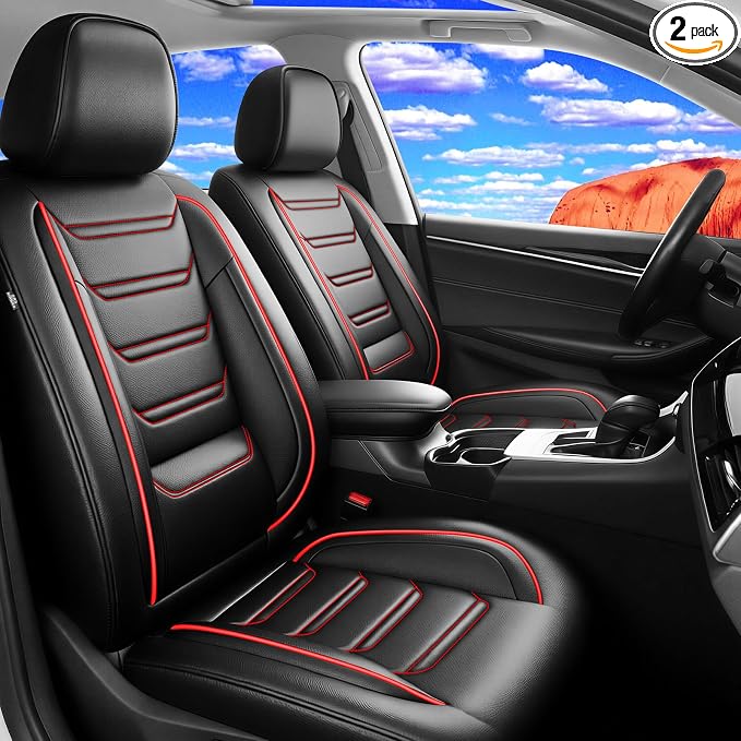 Fit Mazda 3 Seat Covers Custom Fit for Mazda 3 2010-2019, Front Pair | Premium Leather Full Coverage Protectors, Waterproof, Breathable, Scratch Resistant, Easy Wipe, Airbag Compatible, RedTrim by FiveFox