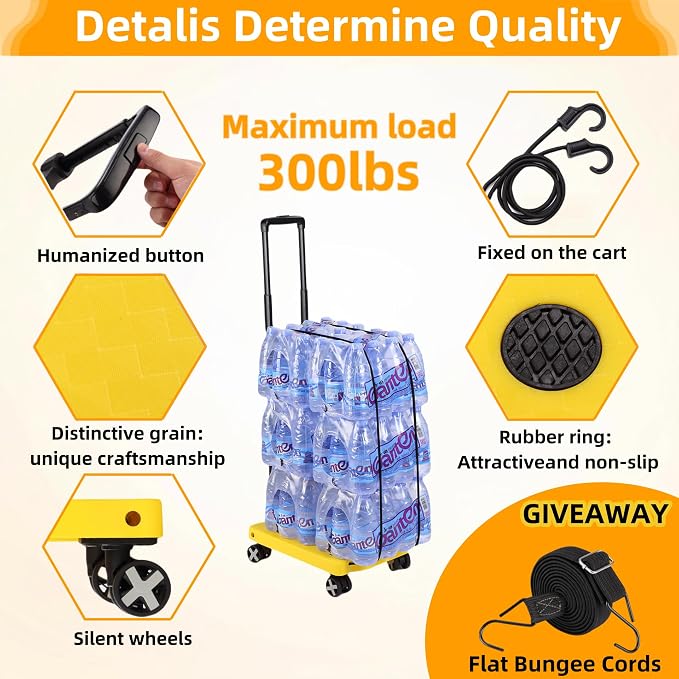 GtIiFmTe Foldable Hand Truck, Lightweight Luggage Cart for Airport Car Seat | Compact Folding dolly with Rotating swivel wheel,storage size12×15.7×4.1",300lbs Load,Upright Lock Handle with 3bungee cords - Image 4