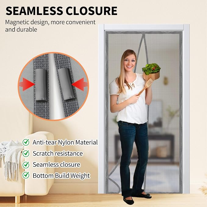 Magnetic Door Screen, Durable Reinforced Anti-Tear Mesh Self-Closing Curtain, Heavy Duty Screen Door with Full Frame Hook & Loop, Fit Door Size 36 x 82 Inch (Silver) - Image 2