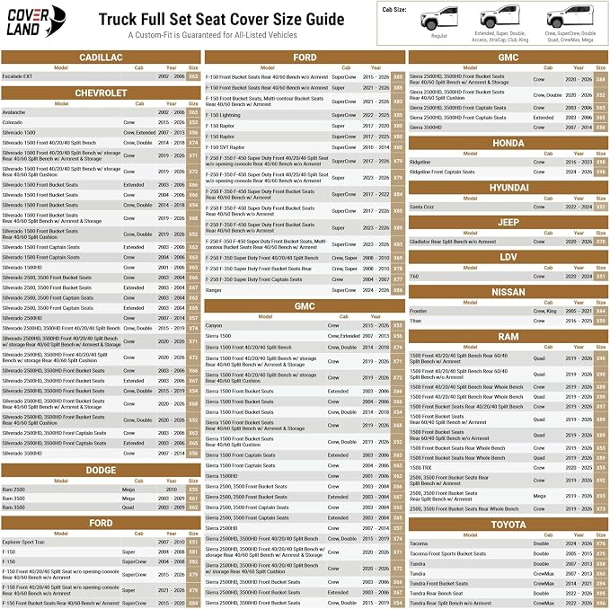 Coverland Premium Custom Fit Truck Car Seat Covers Full Set Seat Waterproof | Airbag Compatible Non-Slip Seat Cover for Silverado, Sierra 1500, 2500HD, 3500HD [Beige - Size Chart X52] - Image 2