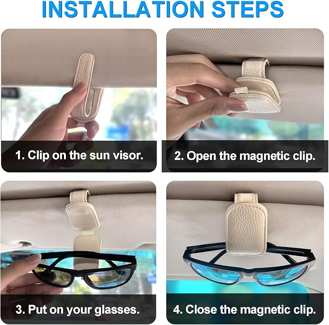 LTOHOE 2 Pack Sunglass Holder for Car, Magnetic Leather Sunglasses Holder and Ticket Card Clip, Universal for Different Size Glasses, Car Visor Accessories(Beige) - Image 2