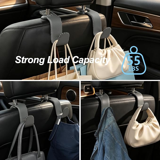 Car Headrest Hooks, Universal Car Seat Back Organizer Hanger, Premium Leather & Metal Construction, Multipurpose for Handbag, Purse, Coat, Ergonomic Design, 4 Pack Gray - Image 4