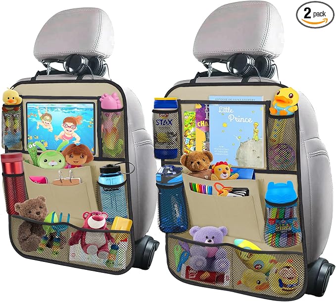 Backseat Car Organizer w/ 10 Storage Pockets 11" Tablet Holder, 2 PCS Beige | Car Organizers and Storage Kick Mats Back Seat Protector w/ Touch Screen Tablet Holder for Kids Toddlers, Travel Accessories by ULEEKA