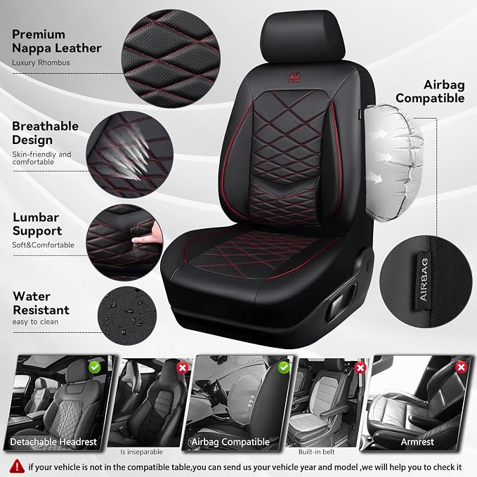 CAR PASS Luxury Nappa Leather Front Seat Covers, Water Resistant 3D Foam Seat Covers with Lumbar Support, Breathable Auto Seat Cover Airbag Compatible Universal Fit for Sedan SUV Van Truck, Black Red - Image 4