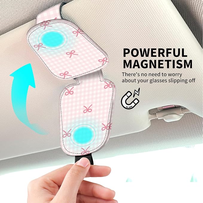 Leather Magnetic Sunglass Holder for Car Sun Visor, Cute Eyeglass Ticket Card Hanger Clip, Universal Auto Interior Accessories for SUV Pickup Truck, Pink Gingham Bow - Image 3