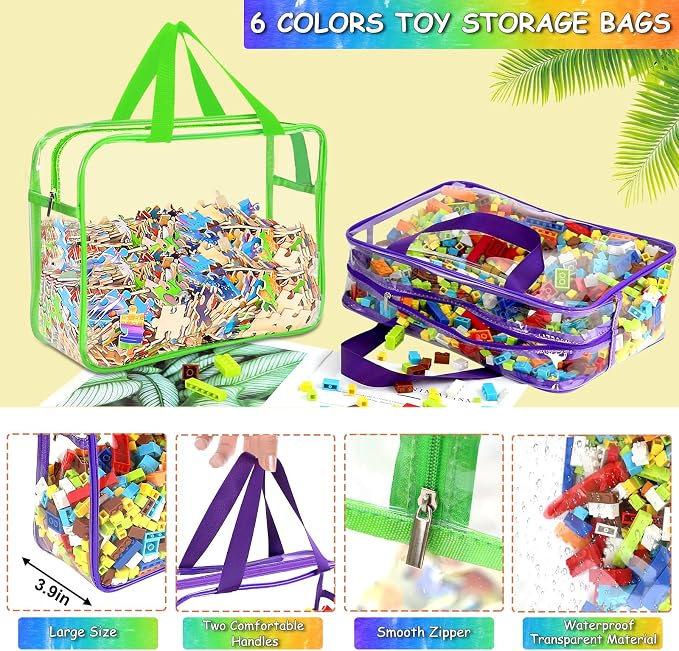 6 Color Large Toy Storage Bags with Labels, Reusable Clear PVC Board Game Storage, Travel Waterproof Organizer Bags with Zipper for Building Blocks, Puzzle, Kids Books - Image 3