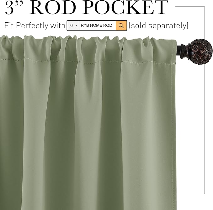 RYB HOME Short Sage Green Blackout Curtains for Small Bedroom Window Cafe | Thermal Insulating, UV Blocking, Privacy Protection, Drapes/Tiers for Basement Garage Bathroom, W42 x L36, 2 Panels - Image 2