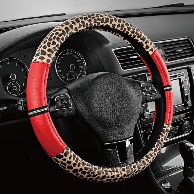Road Comforts Leopard Steering Wheel Cover for Women, Cute Anti-Slip Microfiber Leather, Universal Fit 14.5-15 Inch Round Steering Wheel - Red by RoadComforts