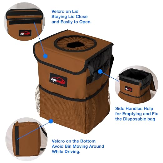 EPAuto Waterproof Car Trash Can with Lid and Pockets, 2.5 Gal, Brown | Leakproof, Collapsible Multipurpose Car Bin with 3 Side Storage Pockets, Adjustable Straps - Image 5
