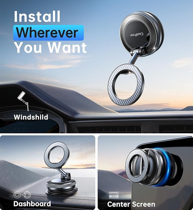 Coolpow【Newest Vacuum Magnetic Phone Holder for Car Phone Holder Mount【Movable Vacuum Suction】Magsafe Car Mount Cell Phone Holders for Your Car Accessories for Women Men for iPhone 17 16-Carbon Fiber - Image 2
