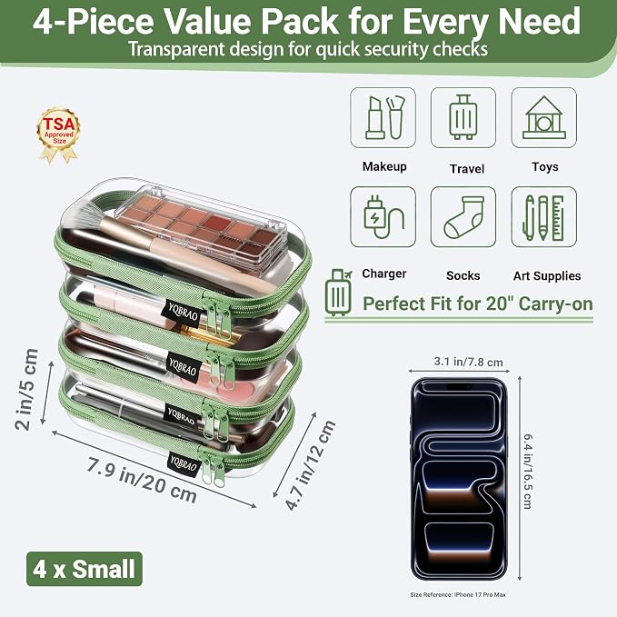YQBRAO Clear Hard Shell Zipper Cases, 4 Small Cable Organizers, Green | Rigid 1.2 mm PET and YKK dual zippers for cosmetics, charging cords, pens and travel accessories - Image 4