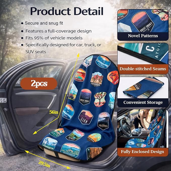 2Pcs Front Waterproof Car Seat Towel Covers,Sweat Seat Protectors for Cars | Includes a Headrest Cover and Fixed Hooks for SUVs, Gym, Beach, Swimming and Outdoor Activities - Image 3