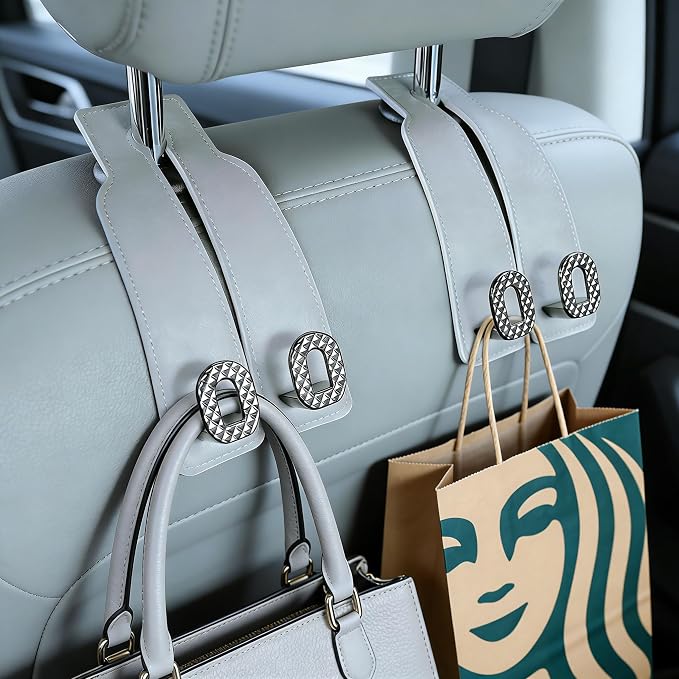 Car Headrest Hooks Universal Car Purse Hook Premium Leather and Alloy Twin Hook Car Seat Back Storage Hanger Hook for Purse Bags Cloth Drink Durable Holder Car Accessories (BH09-Grey-Black-4 Pack) - Image 3