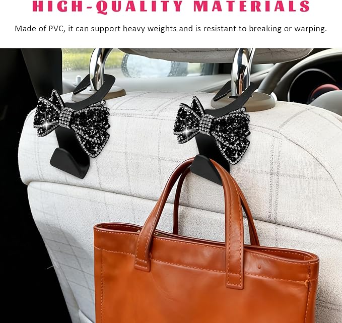 2 PCS Bling Car Headreat Hook, Crystal Rhinestone Bow Hanger Multifunctional Rear Seats Storage Organizer, Vehicle Sparkling Diamond Seat Headrest Hooks for Handbag Purse Coat (Black) - Image 3