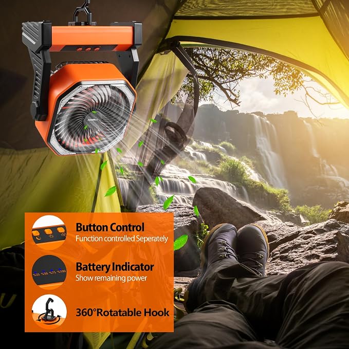 20000mAh Battery Powered Camping Fan, 58Hrs Rechargeable Portable Fan, 400LM Light, 360° Hook, Whisper Quiet Battery Operated Fan for Outdoor Car Travel Gear Essentials Power Outages Co-brand AMACOOL - Image 6