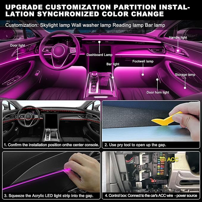 RGB Acrylic Interior Car LED Strip Light with Wireless APP, Car Accessories 6 in 1 with 175 inches 593 LEDs Fiber Optic Ambient Lighting Kits, Dynamic Music Sync Neon LED Strip Light for Car - Image 6