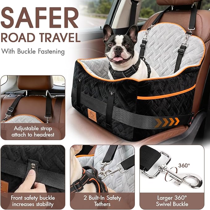 GINMIC Dog Car Seats for Small Medium Dogs up to 35 lbs – Dog Booster Car Seat with 5.3-Inch Memory Foam, Dual Safety Leashes, Detachable Washable Cover & Storage Pockets, Soft Travel Dogs Bed (Black) - Image 3