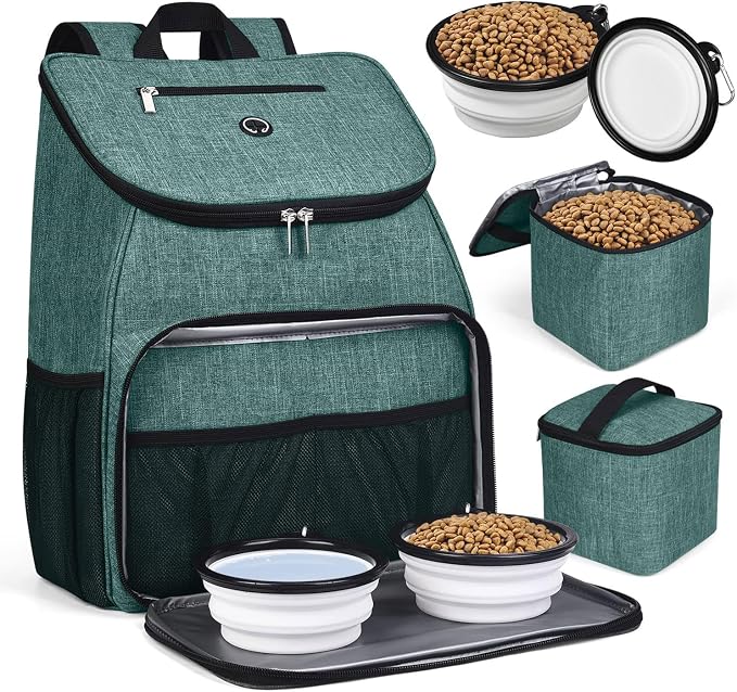 BAGLHER丨Dog Travel Bag, Airline Approved Pet Supplies Backpack, Dog Travel Backpack Accessories Set with 2 Silicone Collapsible Bowls and 2 Food Baskets. Green by BAGLHER