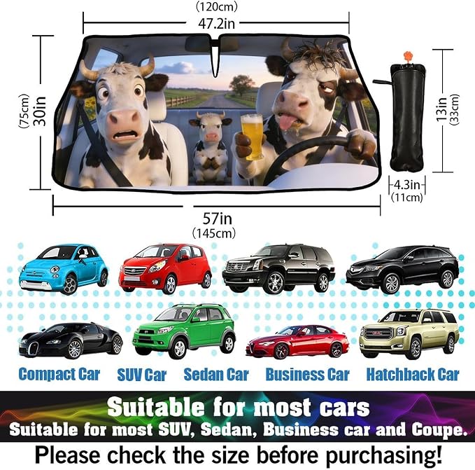 CHILL·TEK Funny Car Windshield Sun Shade Umbrella, Funny Cow Car Sun Shade Umbrella, Block UV Rays Heat Foldable Windshield Umbrella Sun Visor Protector - Keep Vehicle Cool for Cars SUV - Image 6