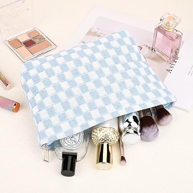 SOIDRAM 2 Pieces Makeup Bag Large Checkered Cosmetic Bag Capacity Canvas Mix Travel Toiletry Bag Organizer Cute Makeup Brushes Aesthetic Accessories Storage Bag for Women, Checkered Mix Blue - Image 5