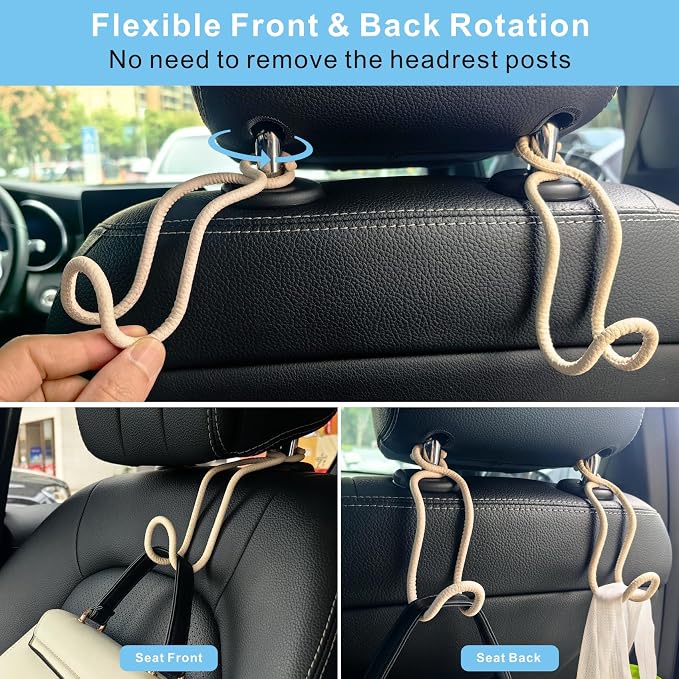 Purse Hooks for Car - 2 Pack Back Seat Storage Holder - Beige Leather/2L | Universal Car Headrest Hanger with Anti-Drop Lock Loop for Hat Bag Grocery Handbag Coat Must Have Stuff for Vehicle Truck SUV - Image 5