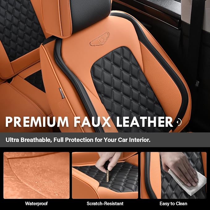 Coverado Universal Car Seat Covers Full Set, Vintage-Style Soft Waterproof Faux Leather Front & Rear Seat Protectors, Comfortable Anti-Stain Interior for Most Vehicles – BrownBlack - Image 5